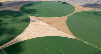 Aerial view of circular irrigation field in the Ukraine.